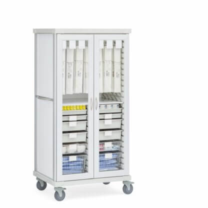 Roam 2 Split Center Medical Supply Cart, Glass Doors, with Cath Cues and Accessories