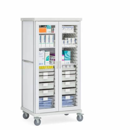 Roam 2 Split Medical Supply Center Cart, Glass Doors, with Shelves and Accessories