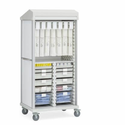 Roam 2 Split Center Medical Supply Cart, Roll-Top Door, with Cath Cues and Accessories