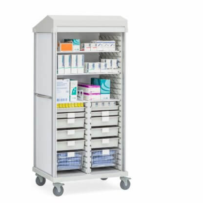 Roam 2 Split Center Medical Supply Cart, Roll-Top Door, with Shelves and Accessories