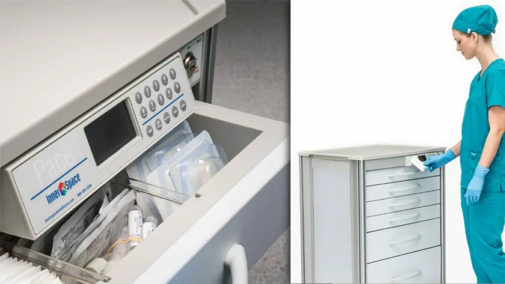 a hospital cart with a drawer open and a keypad lock, and a nurse standing next to a medical cart with a proximity lock, using her badge to open the cart drawer to access supplies