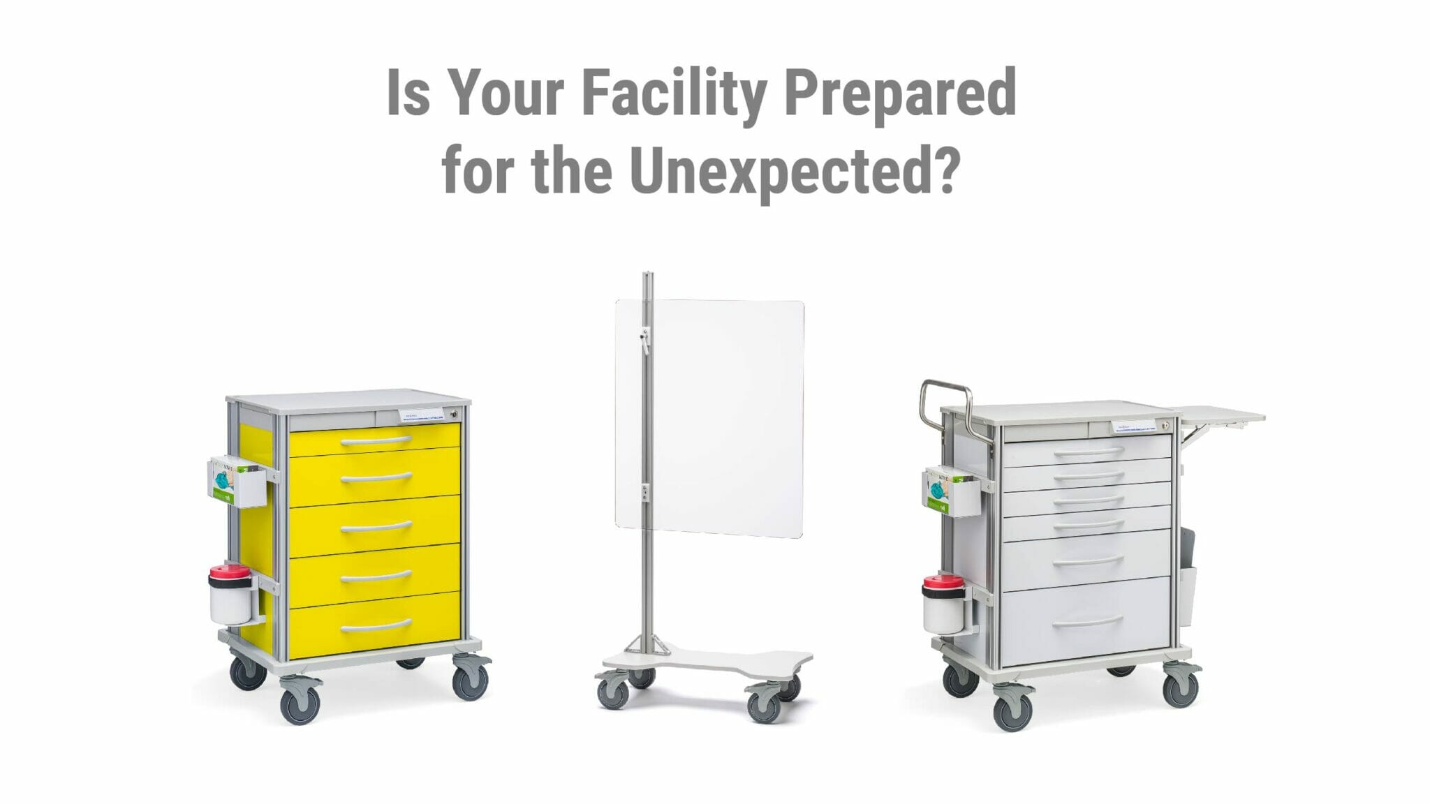 An isolation cart, sneezeguard, and pace mobile medical cart representing healthcare storage for the tripledemic.