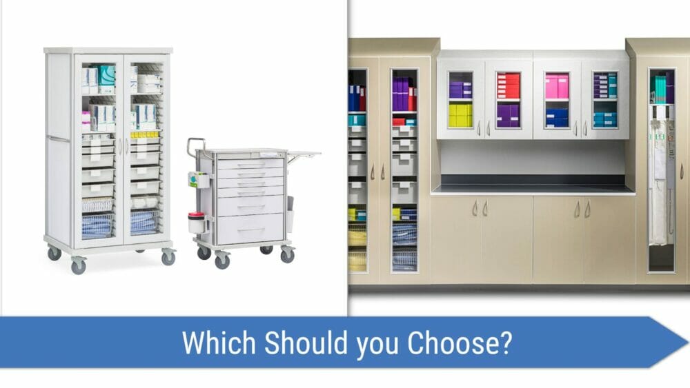 Stationary medical cabinets in a healthcare facility and mobile hospital carts with a white background