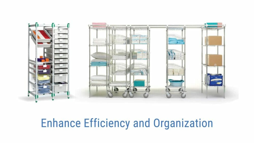 Quick Rack and Quick Wire Open Storage Systems with medical supplies in a white room