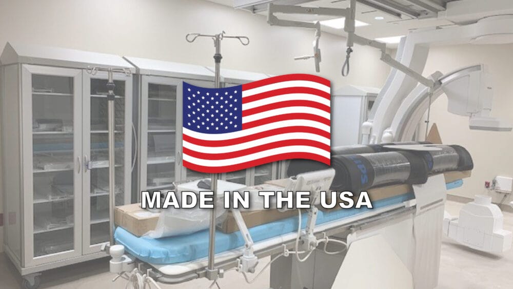 A healthcare facility with a gurney and stationary medical cabinets set as a background with the American Flag and "made in the USA" in front.