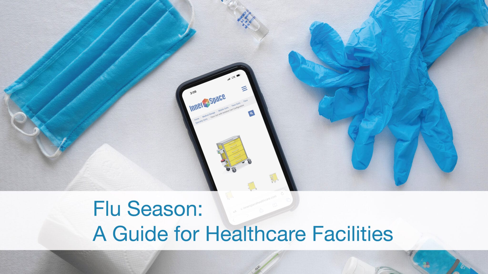 Main image for flu season healthcare facility guide with gloves and a mobile phone