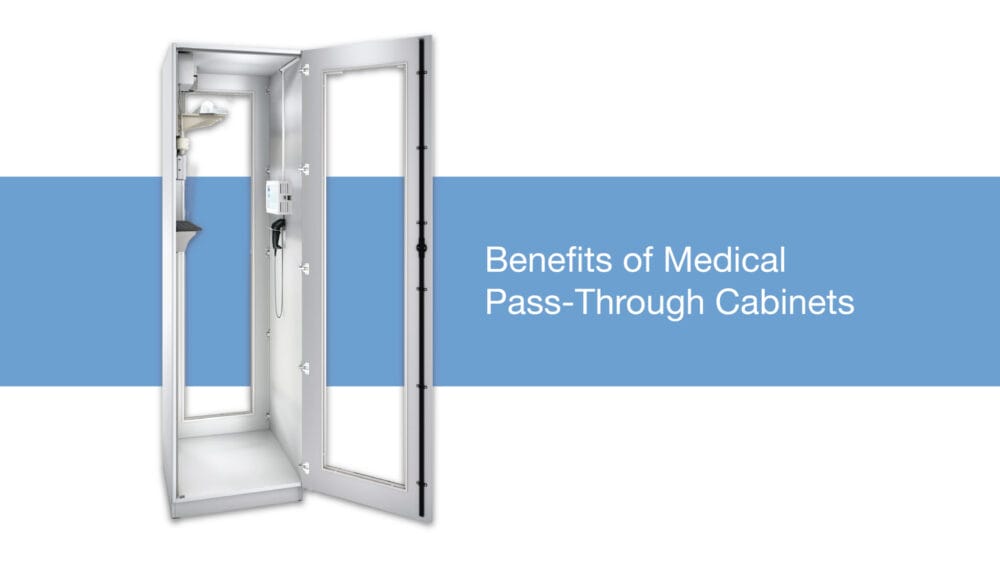 A scope pass-through cabinet with text that says Benefits of Medical Pass-Through Cabinets
