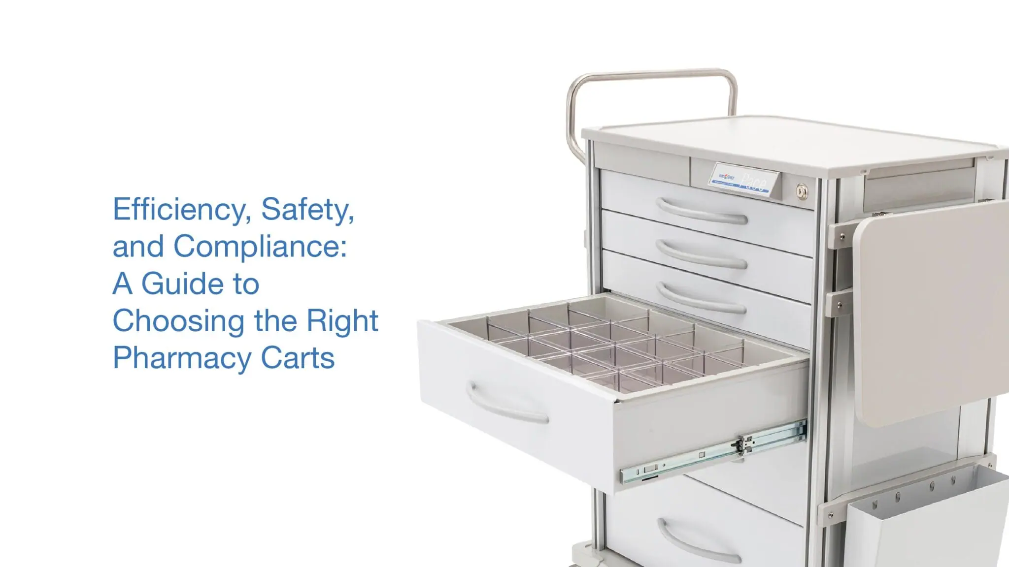An innerspace pharmacy cart with a drawer open to show drawer dividers to hold medications and other pharmacy supplies