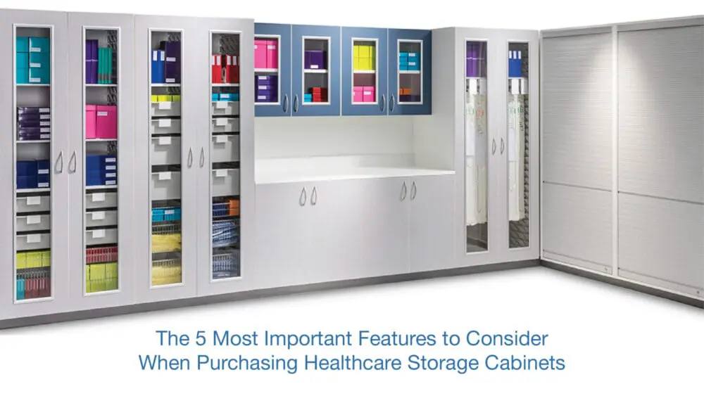 A variety of medical supply cabinets and casework with text underneath that reads "The 5 most important features to consider when purchasing healthcare storage cabinets"