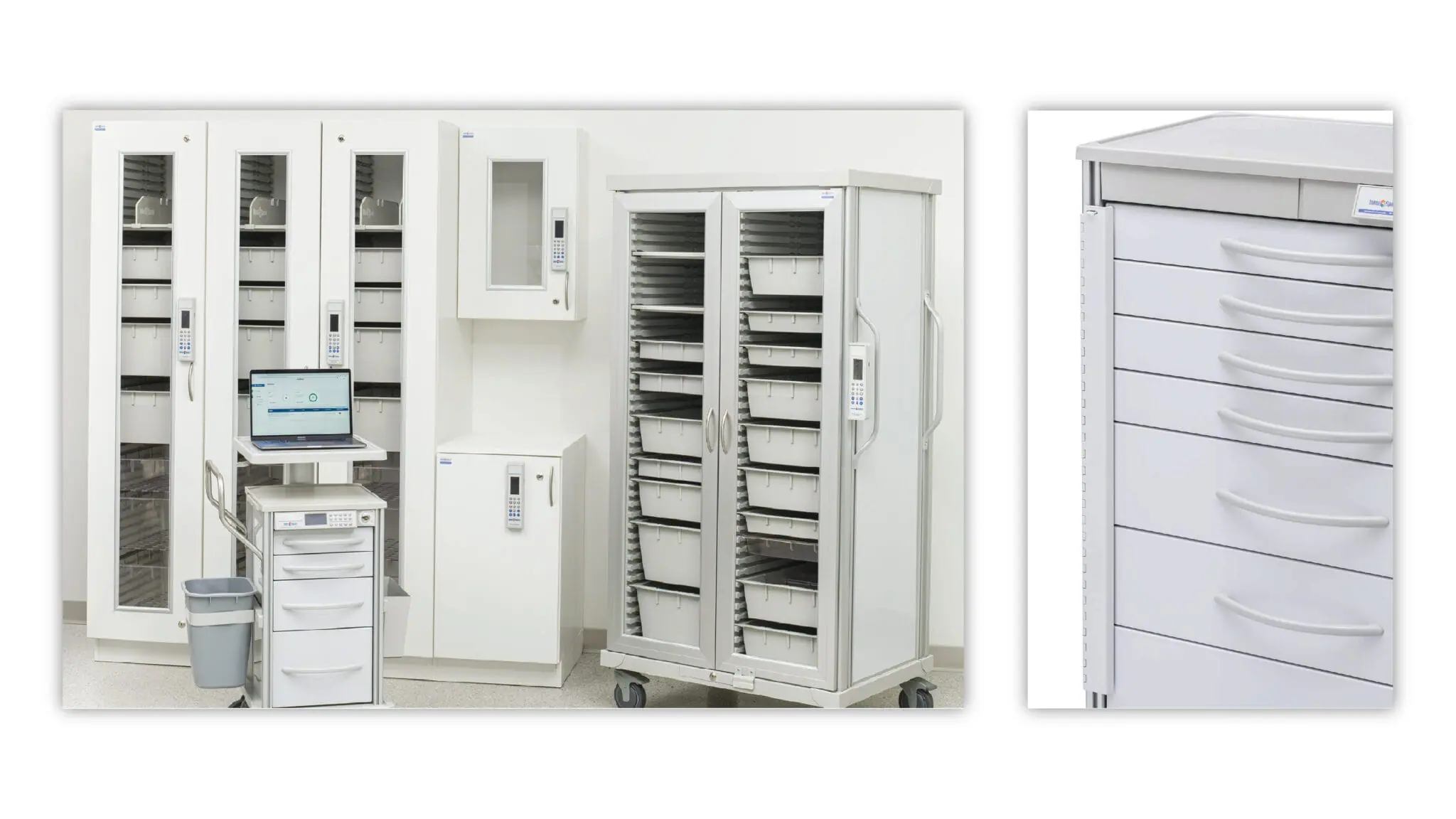 A variety of healthcare storage carts and cabinets with different locking systems