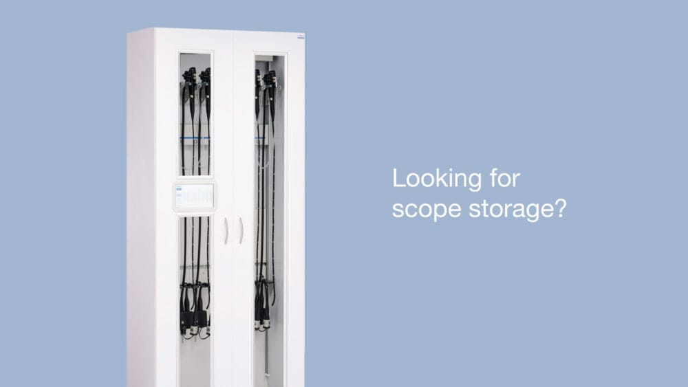 scope tracking and storage cabinet with glass panes, security screen, and 4 hanging endoscopes