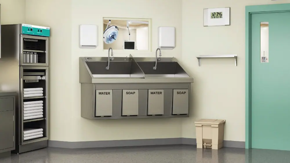 stainless steel sinks in prep room before entering surgical suite