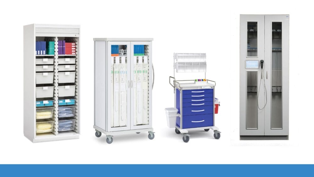 variety of healthcare storage solutions including cabinets, mobile cart, and endoscopy storage