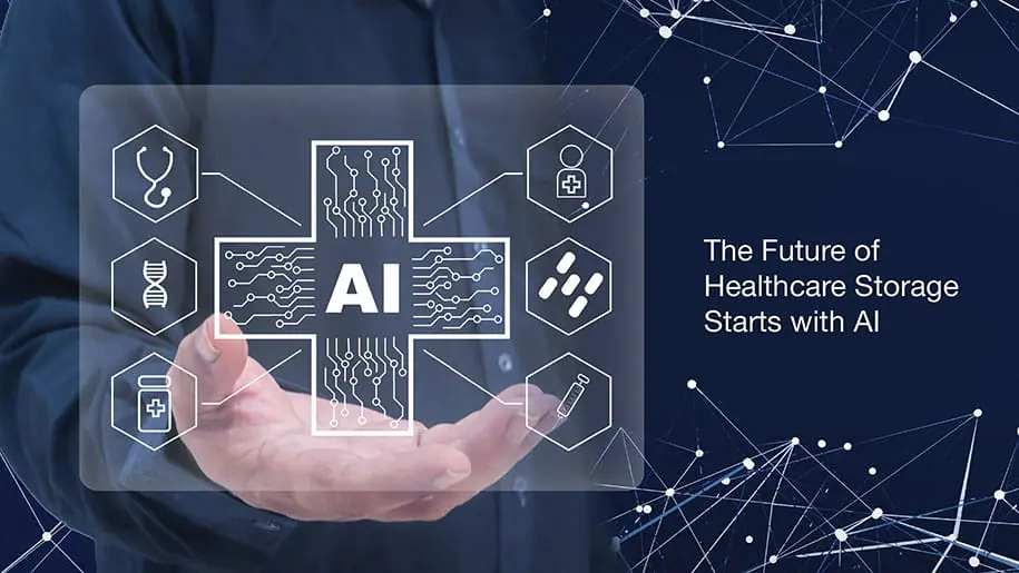human hand outstretched holding AI and healthcare icons