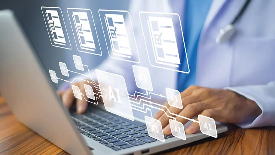healthcare professional using a laptop with illustrated digital icons representing the internet of things.