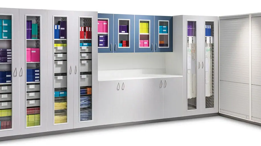 well-organized healthcare storage casework stocked with supplies