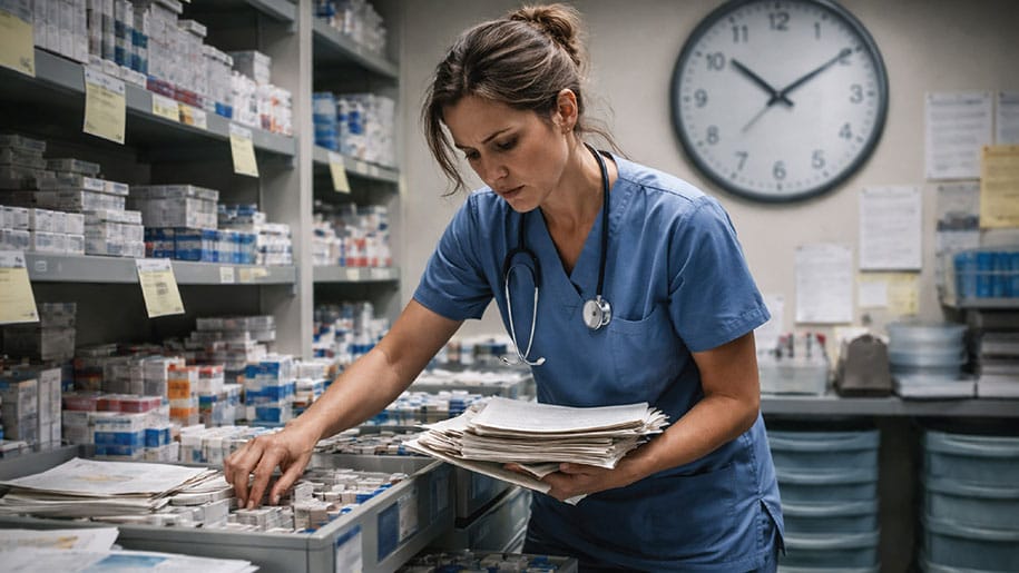 busy nurse holding stacks of paperwork while inventorying supplies