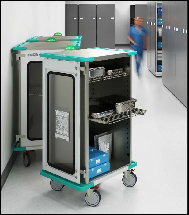 Closed case cart with instrument sets on roll-out shelves