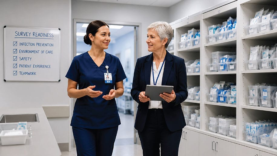 A nurse in blue scrubs talks with a Joint Commission auditor holding a tablet in a clean medical supply room.