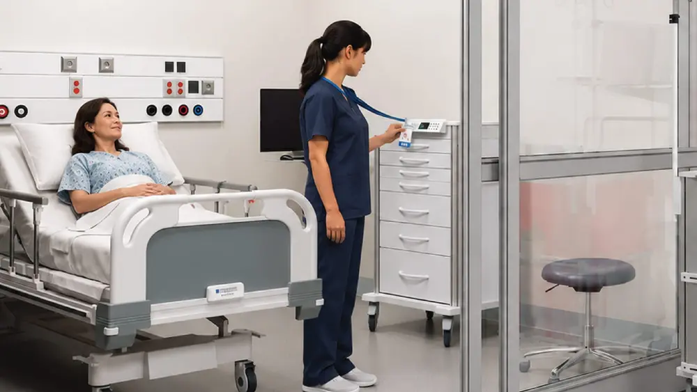 A nurse in a patient room scans an ID badge to unlock a secure medical cart, supporting hospital storage compliance.