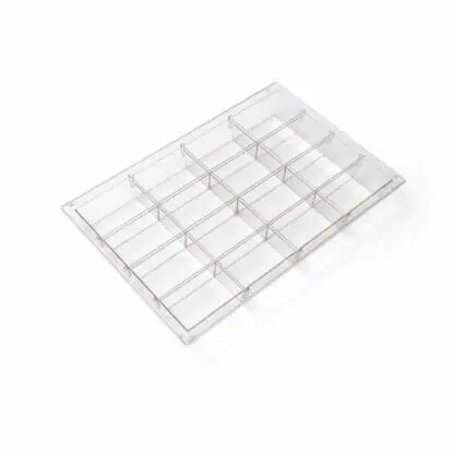 3"h clear pharmacy tray, shown with 3 short and 3 long dividers