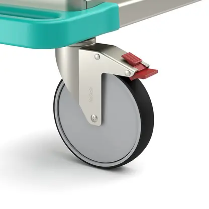 close up of one of the 6 inch caster wheels on Integro closed case carts