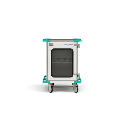 Narrow closed case cart with closed window doors and wire shelf