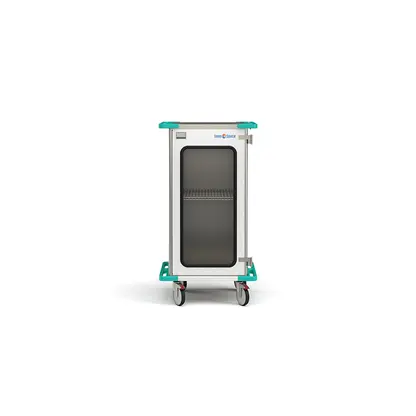 Narrow closed case cart with closed window doors and wire shelf
