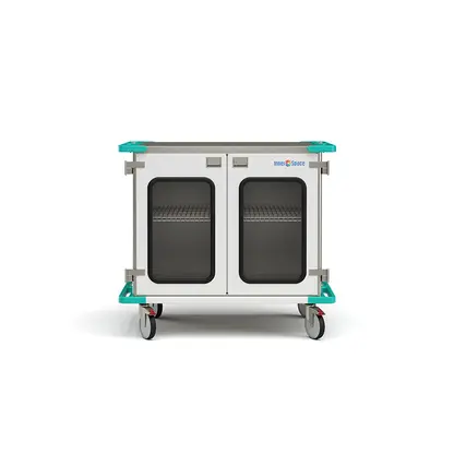 Standard Integro closed case cart with closed window doors, wire shelf