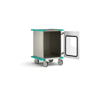 Narrow closed case cart with open window doors and no shelf