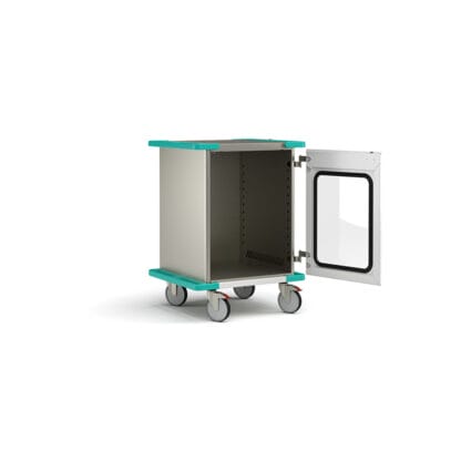 Narrow closed case cart with open window doors and no shelf