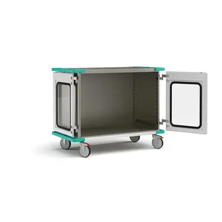 Wide closed case cart with open window doors and no shelf