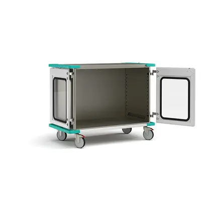 Wide closed case cart with open window doors and no shelf