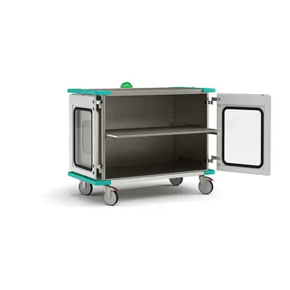 Wide closed case cart with open window doors and solid shelf
