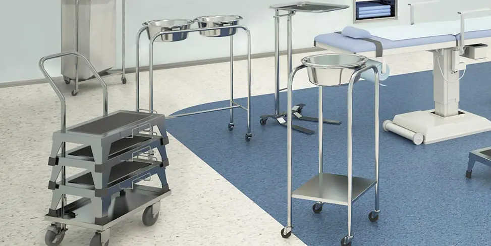 Auxiliary surgical products including step stool, linen hamper, solution stand and mayo stand