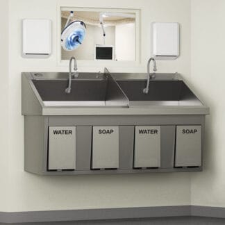 Dual basin scrub sinks with knee operated soap and water