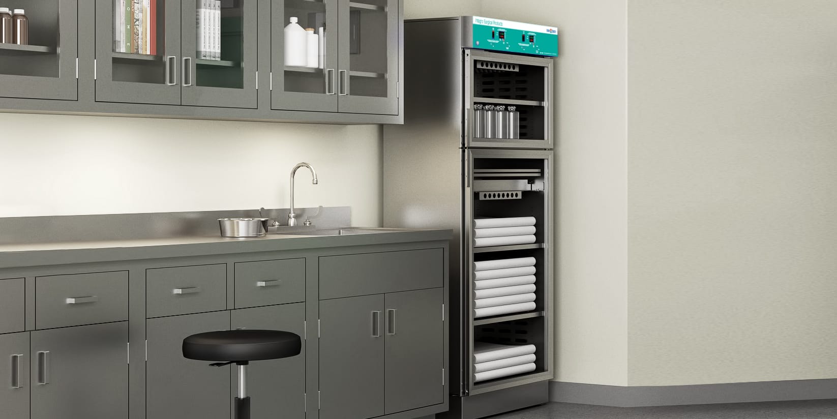 Dual chamber warming cabinet with 3 shelves