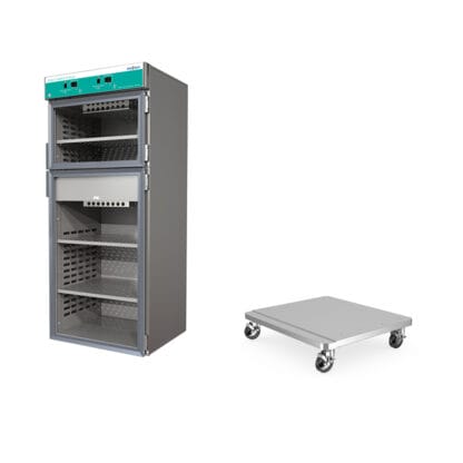 Mobile base and dual warming cabinet with 3 shelves, glass door and right handed hinge