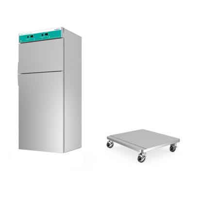 Mobile base and dual warming cabinet with 3 shelves, solid door and right handed hinge