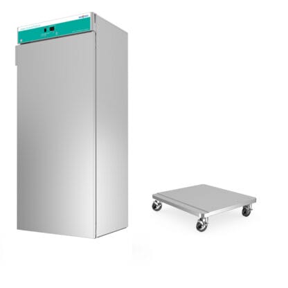 Mobile base and single warming cabinet with 3 shelves, solid door and right handed hinge