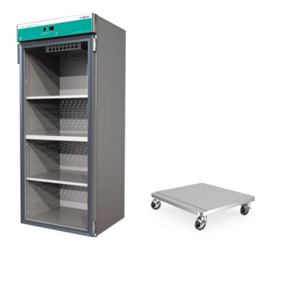 Mobile base and single warming cabinet with 3 shelves, glass door and right handed hinge