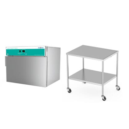 Mobile stand and single warming cabinet with 1 shelf, solid door and right handed hinge