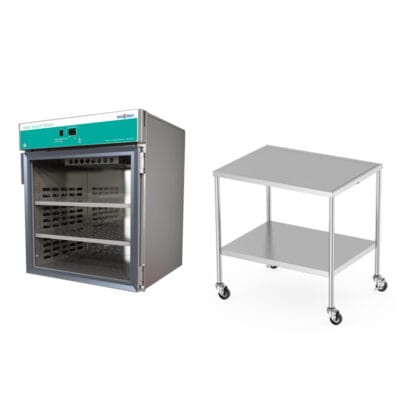 Mobile stand and single warming cabinet with 2 shelves, glass door and right handed hinge