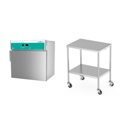 Mobile stand and single warming cabinet with solid door and right handed hinge