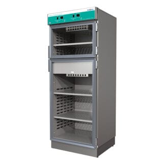 Recessed stationary dual warming cabinet with 3 shelves, 4 inch base, glass door and right handed hinge