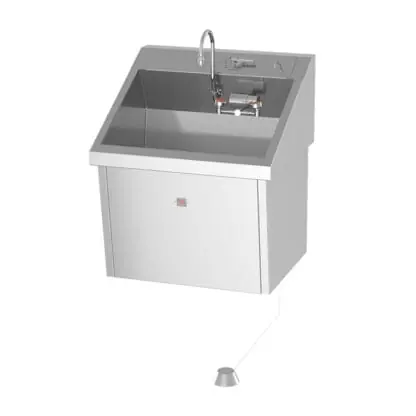 Single bay surgical scrub sink with one eye wash and infrared water and soap