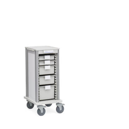 Narrow Pace 27 Transport Cart with label holders (SLH35), 2 3"h (STD3), 2 6"h (STD6), and 1 9"h (STD9) tray