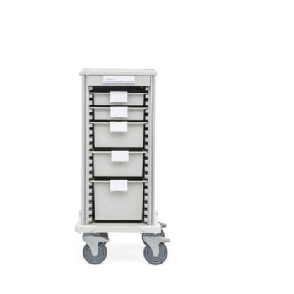 Narrow Pace 27 Transport Cart with label holders (SLH35), 2 3"h (STD3), 2 6"h (STD6), and 1 9"h (STD9) tray
