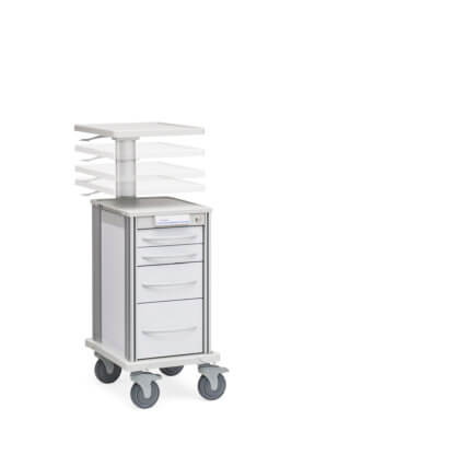 Narrow Pace 21 Procedure Cart with Adjustable Work Surface (SPN21W4AWS), adjustment range shown