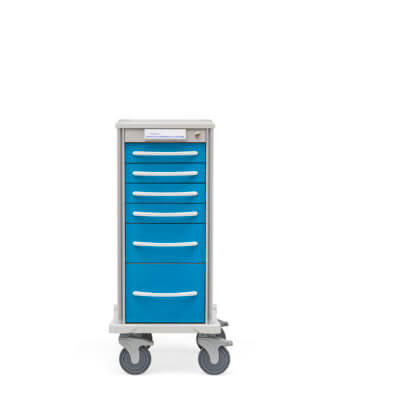 Narrow Pace 27 Procedure cart with white frame and caribbean drawers